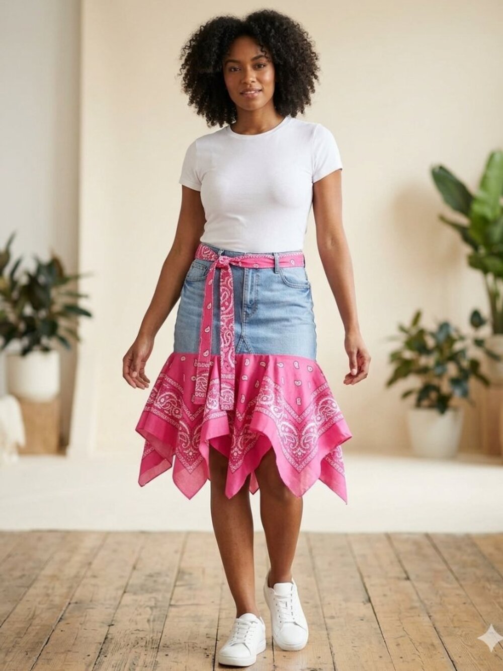 Handmade Upcycled jean Denim Hot Pink Bandana Skirt short